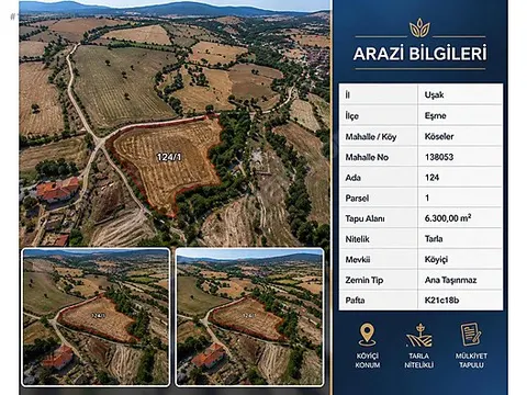 Uşak Eşme Köseler Köyünde 6.300 m² Köyiçi Konumlu Satılık Tarla — Fotoğraf 1